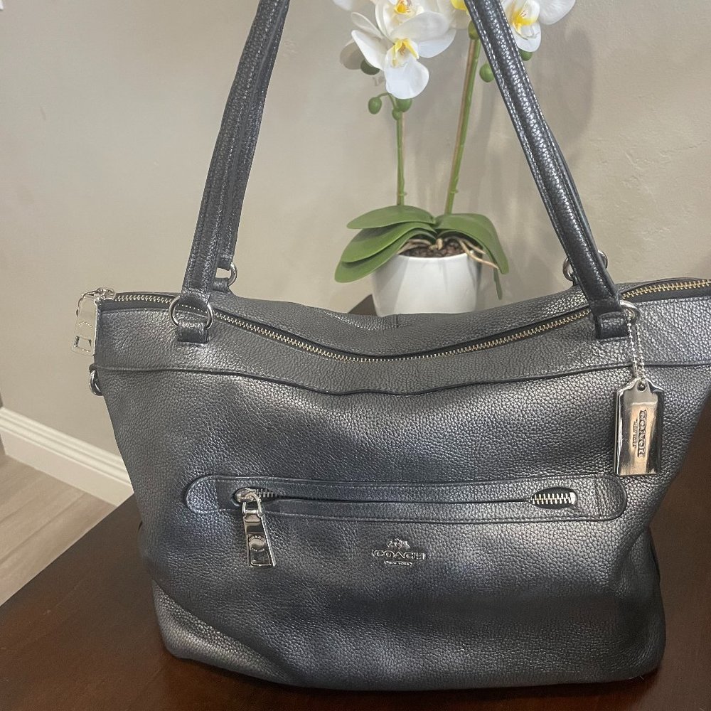 COACH Metallic Pewter Pebbled Leather Tote